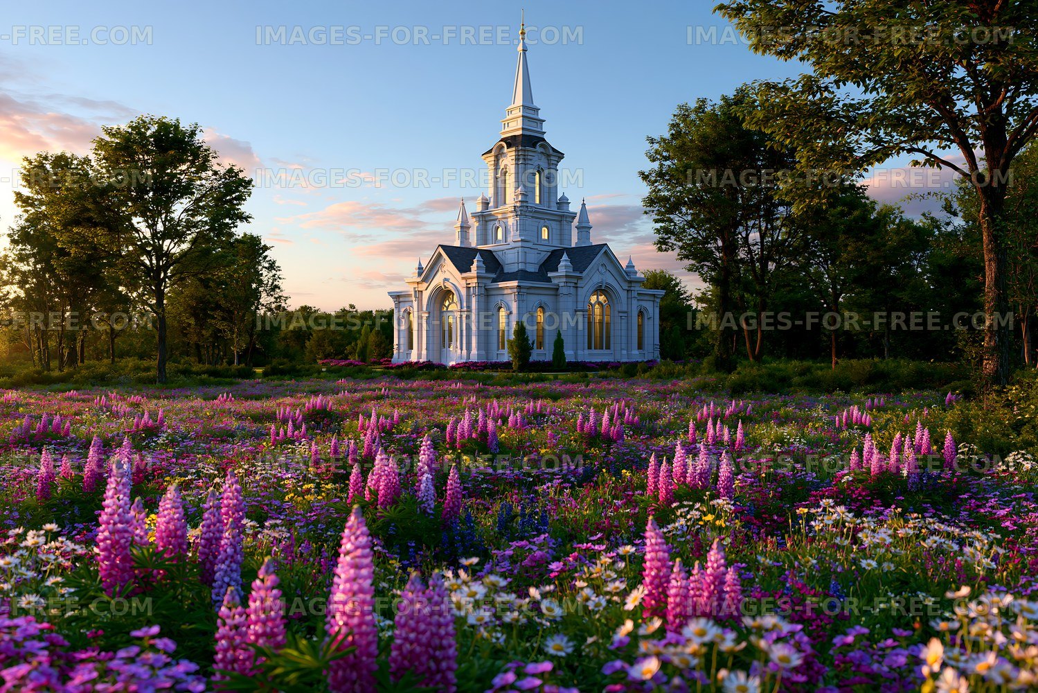 Church surrounded by colorful flowers in a rural landscape