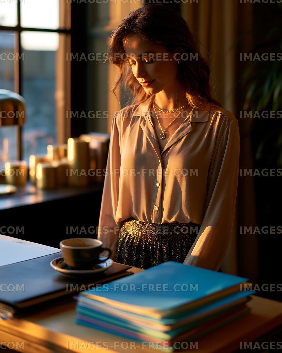 Woman stands in office during sunset with coffee and folders