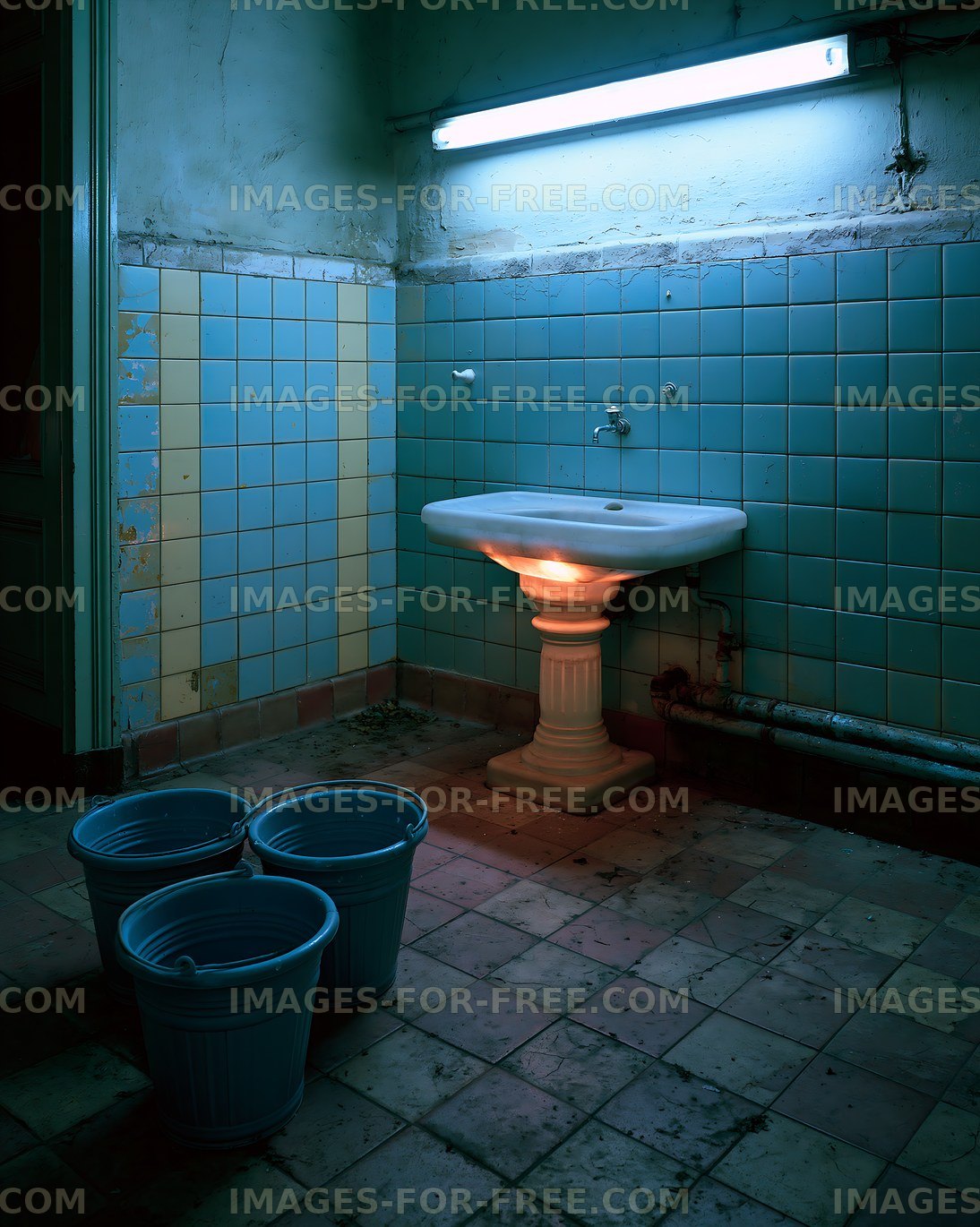 Bathroom with a sink and buckets in a neglected space