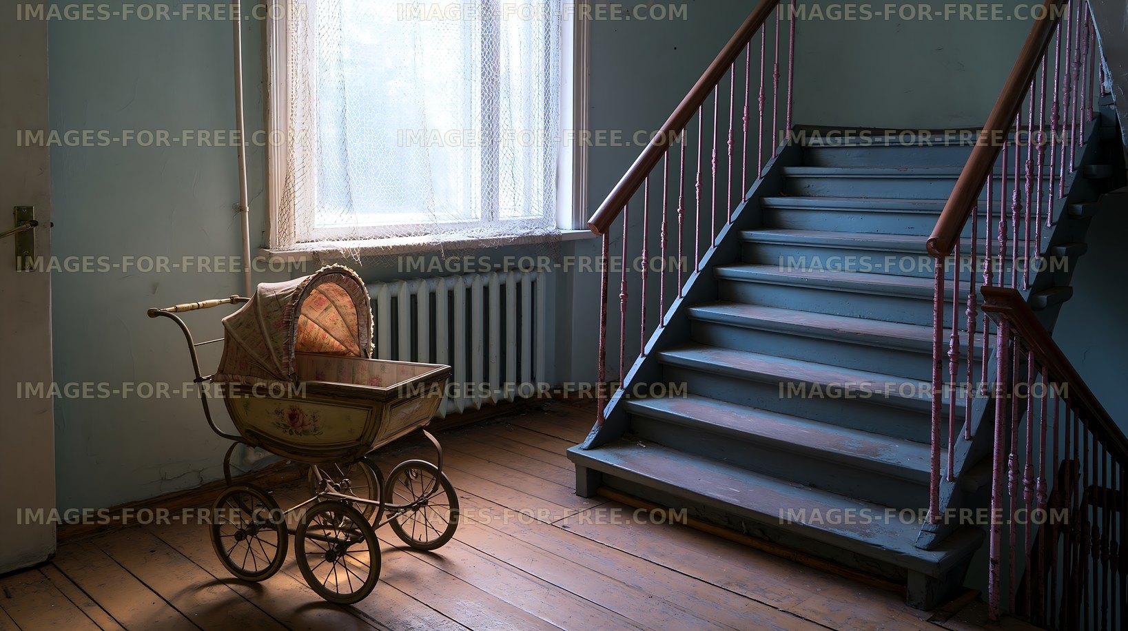 Old stroller next to stairway in a vacant building