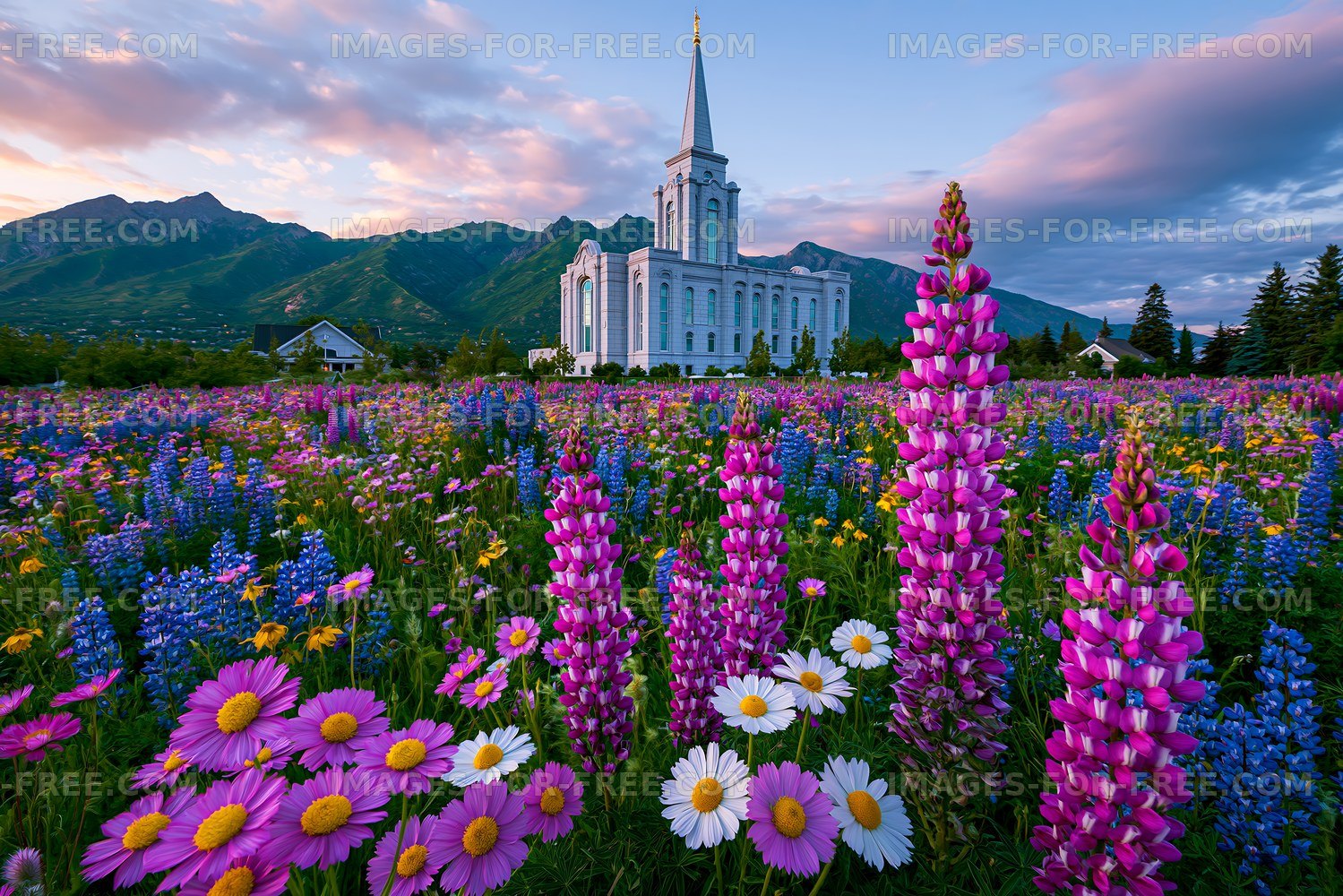 Colorful flowers surround a large church under a blue sky