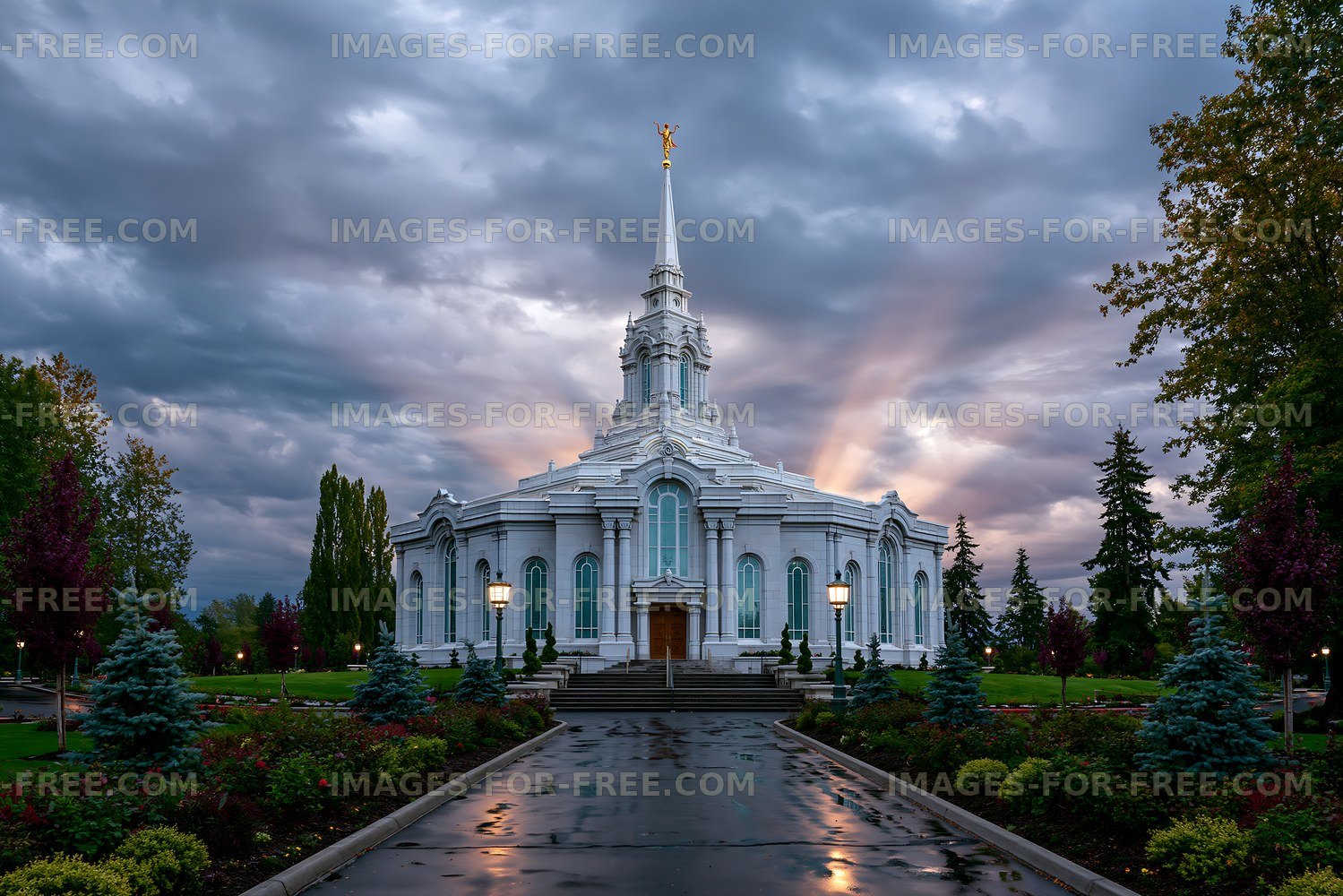 Building stands under cloudy sky with light shining through
