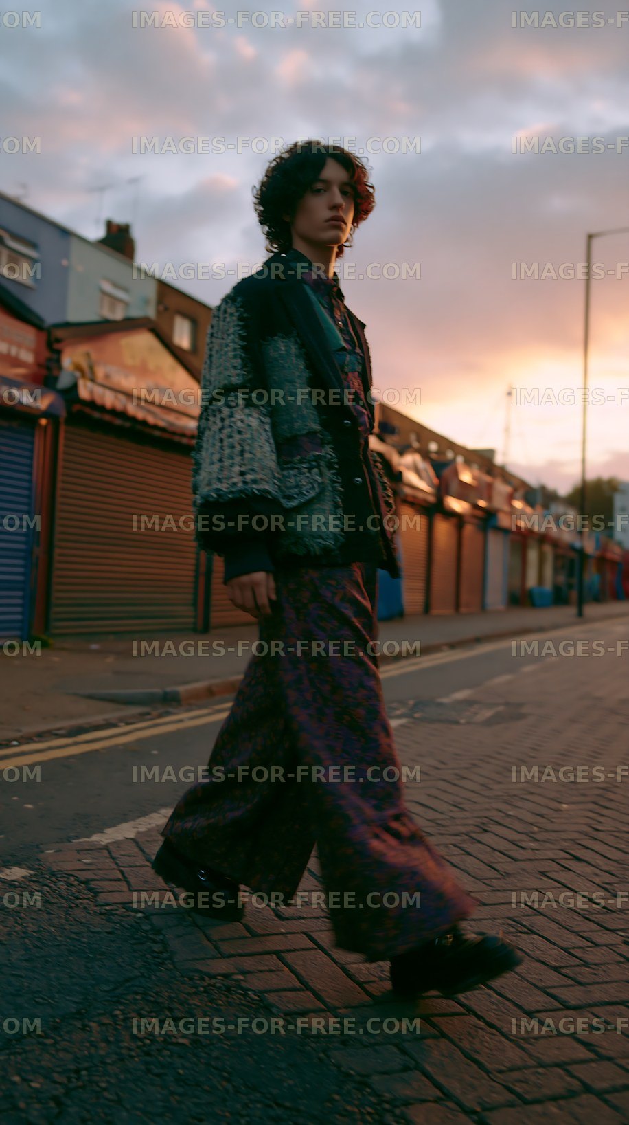Person walking on a city street at sunset with closed shops nearby