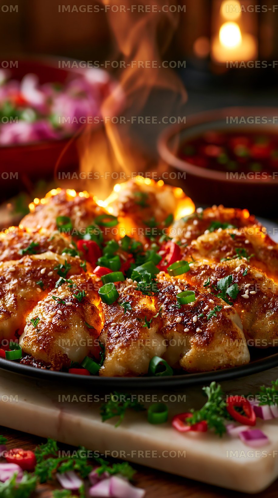 Delicious dumplings served on a hot plate with herbs and sauce