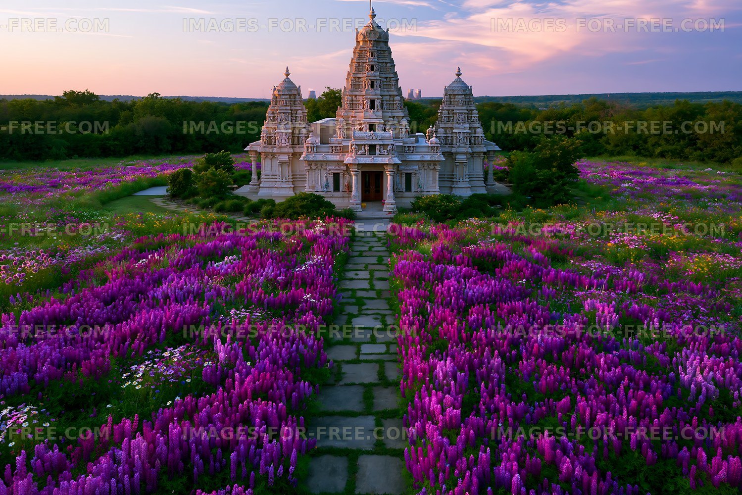 Temple surrounded by a field of purple flowers during sunset