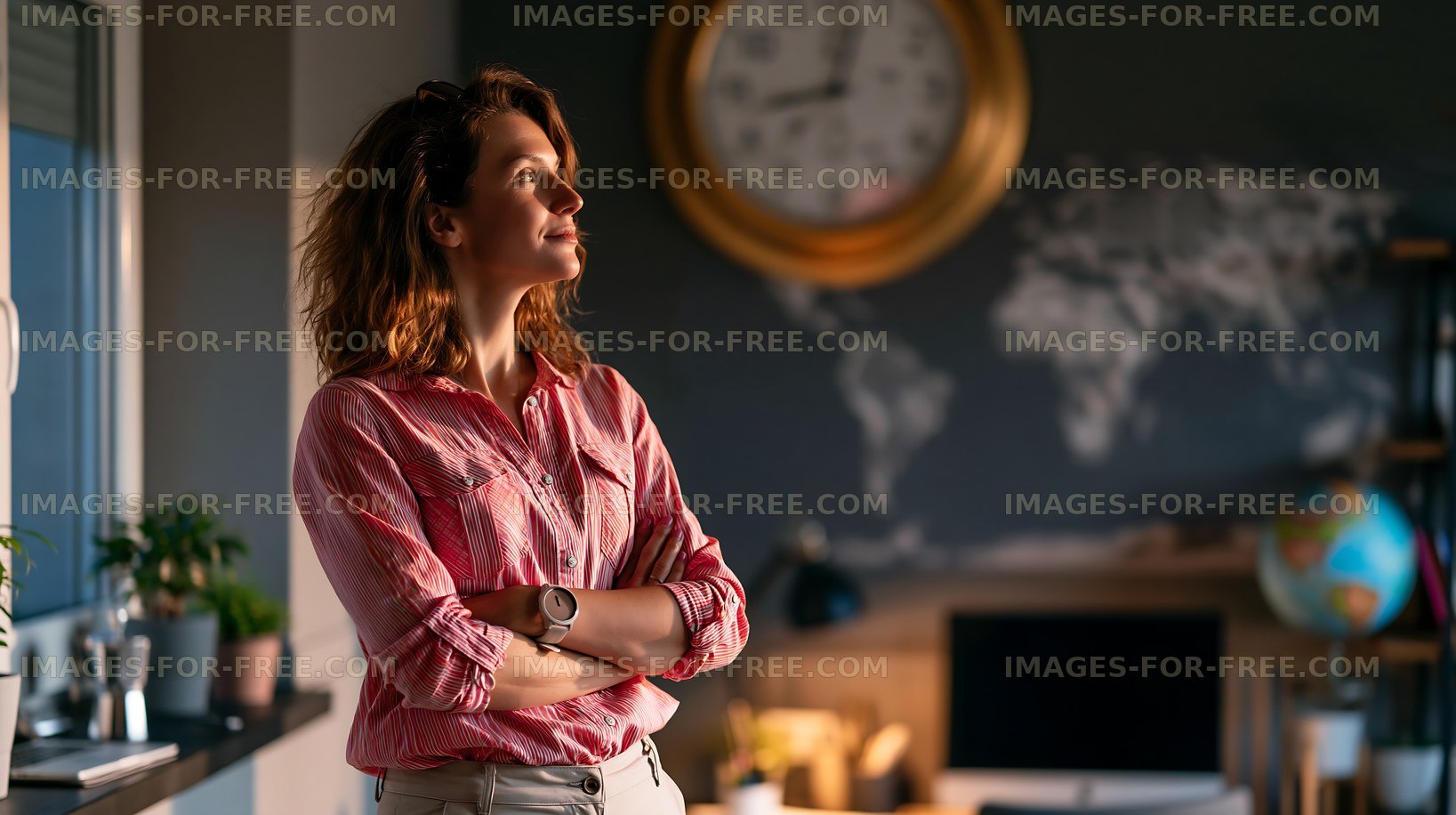 Woman stands in an office looking thoughtfully out the window