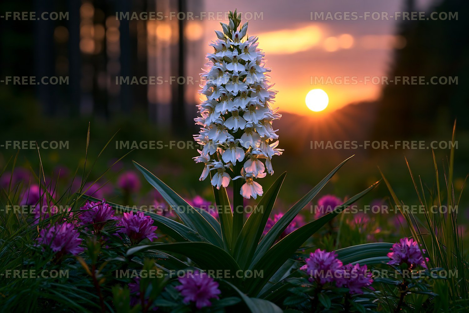 White flower stands tall against a sunset in a field
