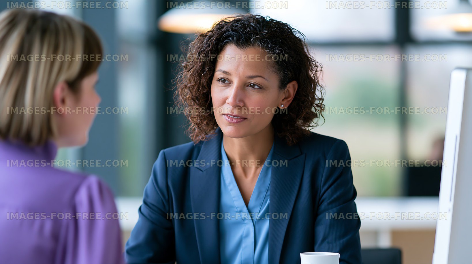 Business meeting between two women in a modern office