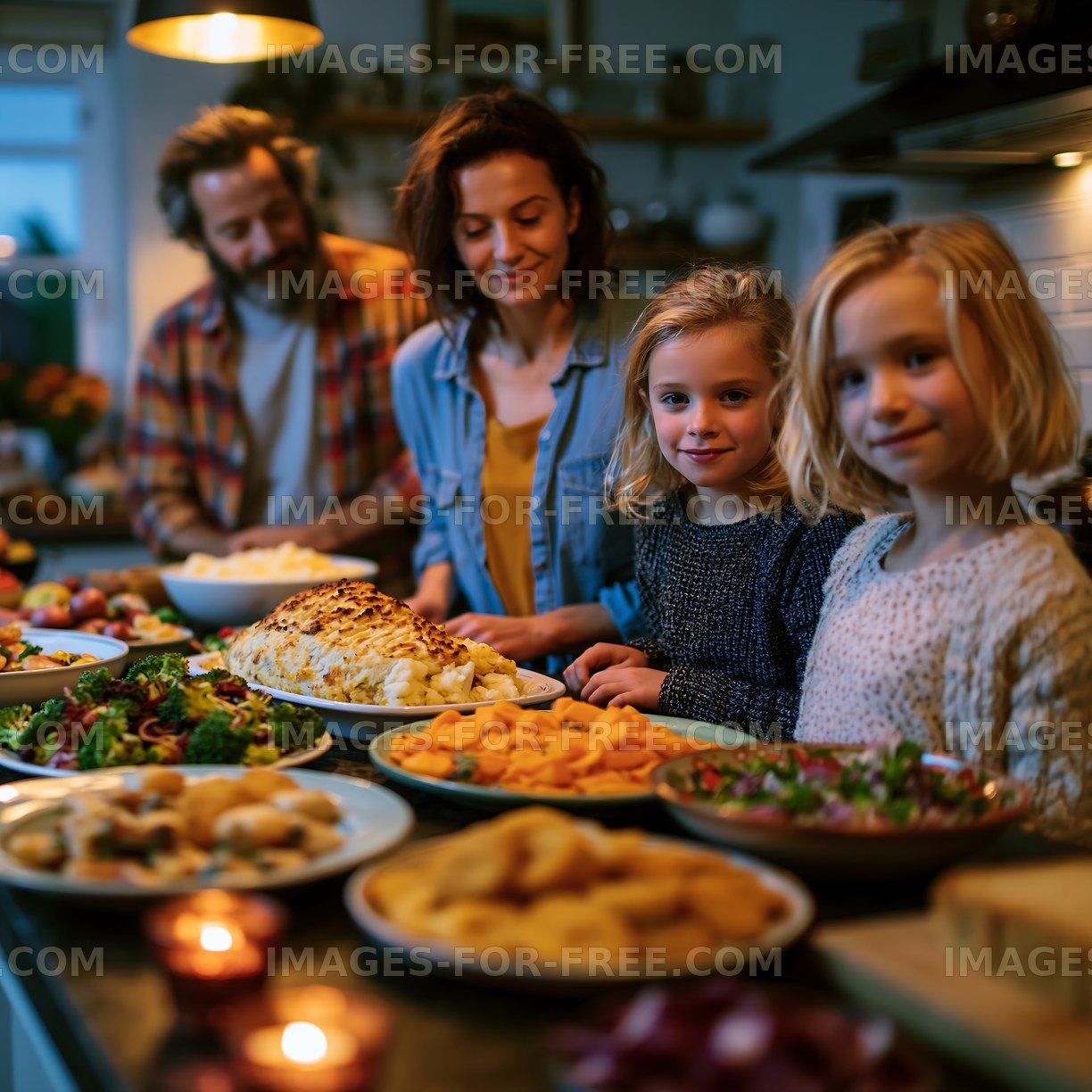 Family gathered around a table with various dishes in a kitchen