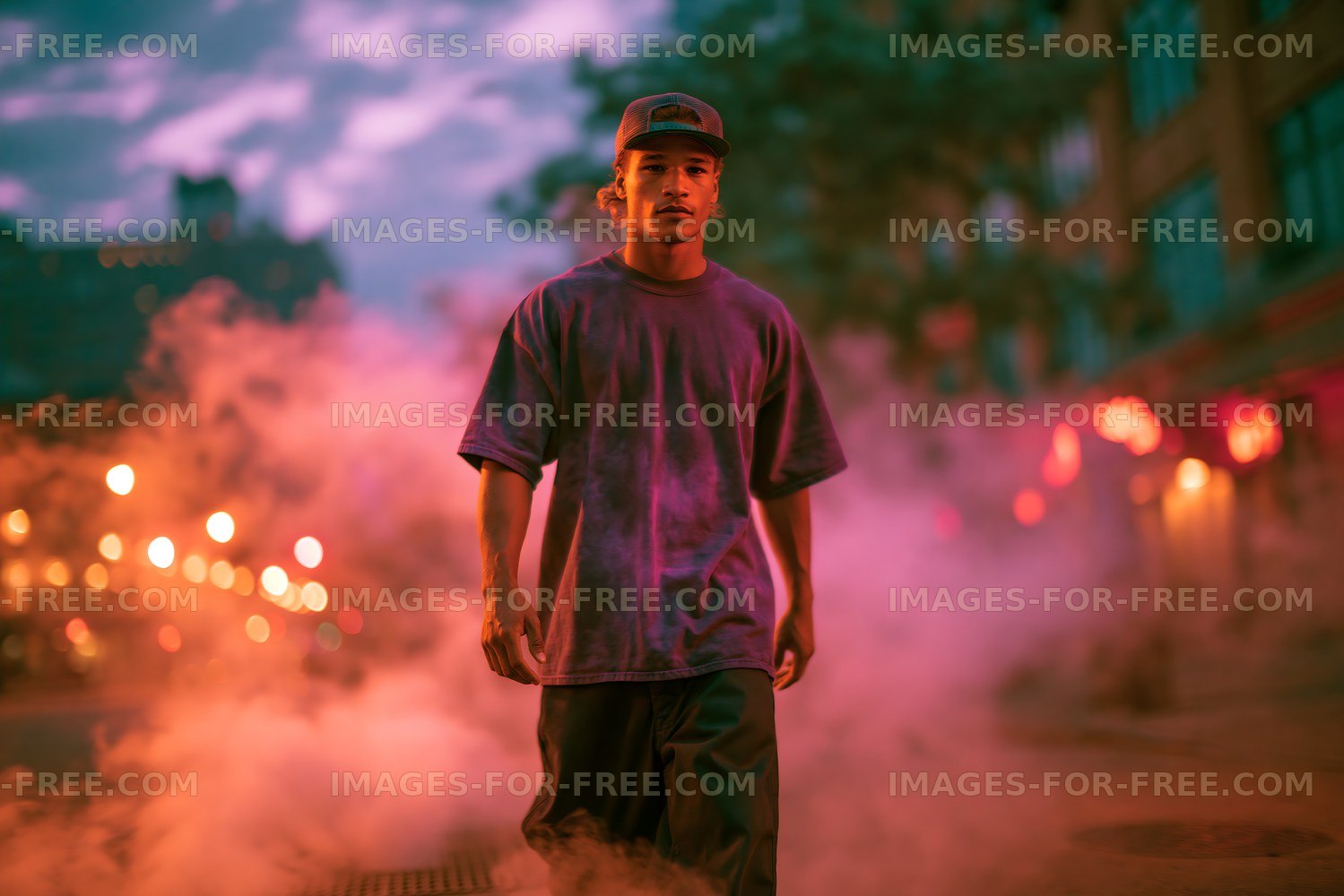 Man walking through city street with fog at dusk