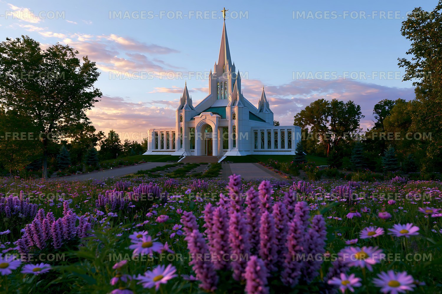 Church surrounded by flowers at sunset