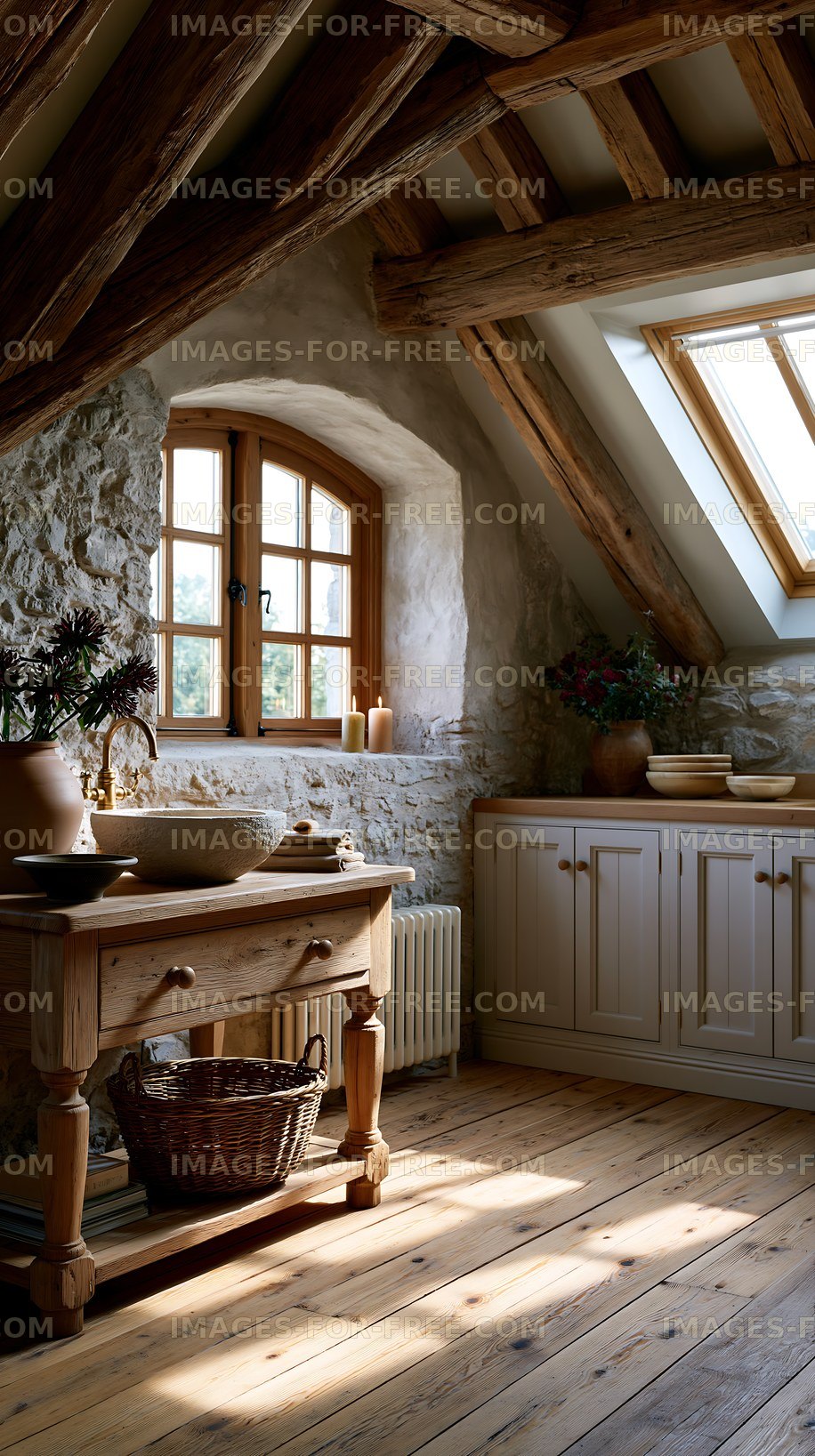 Rustic kitchen interior with wooden details and natural light