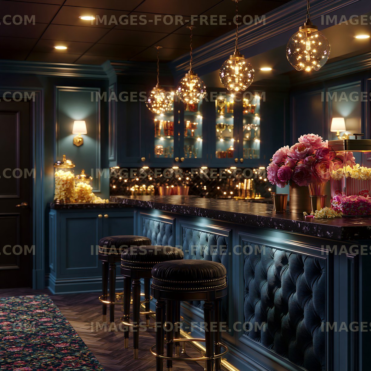 Elegant bar area with seating and decorative lights