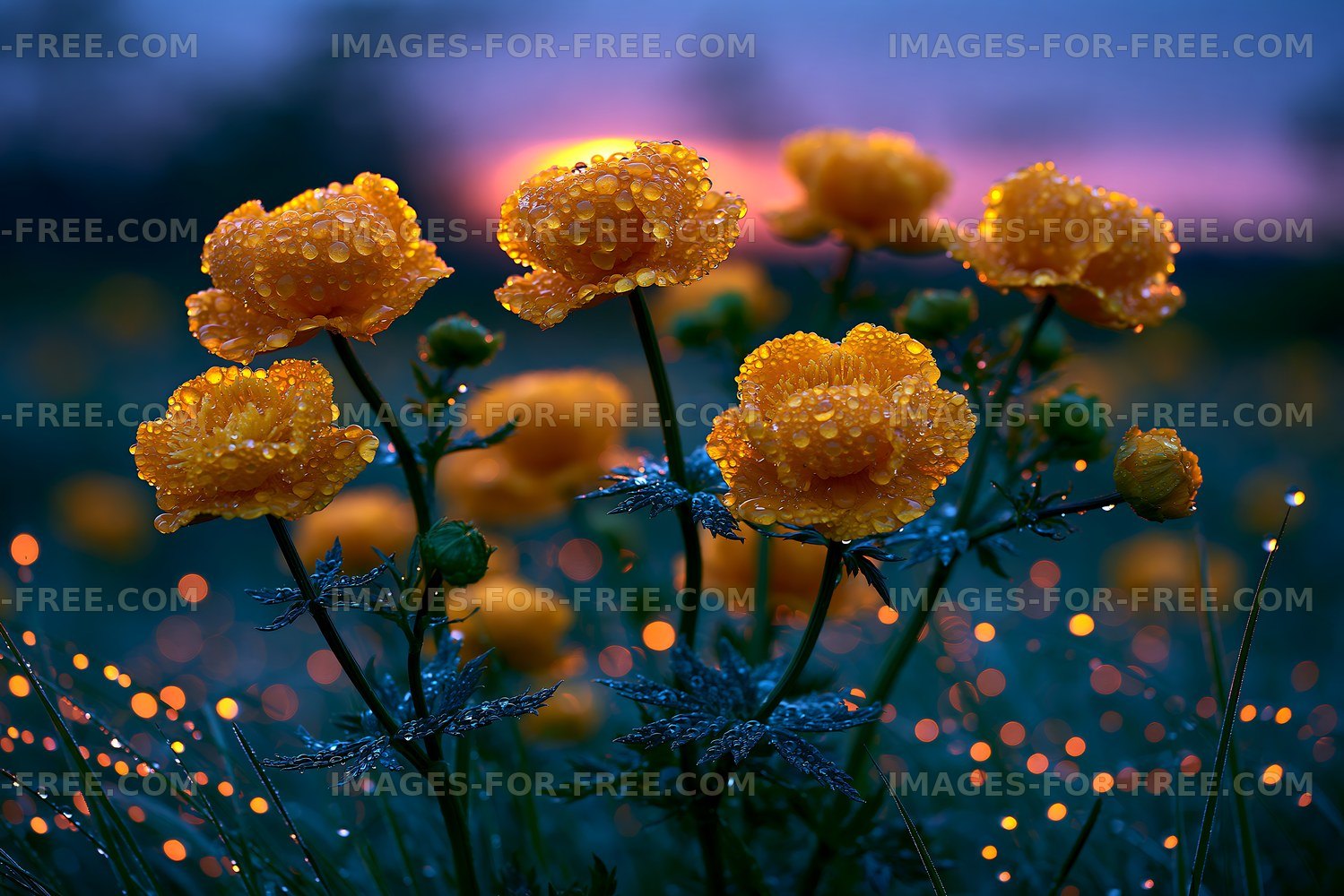 Flowers with water droplets in a garden at sunset