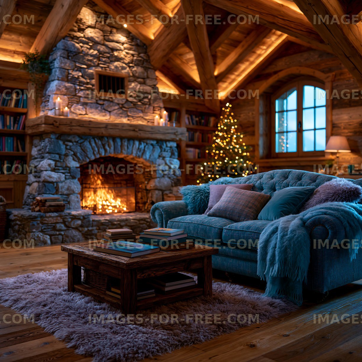 Cozy living room with fireplace and Christmas tree in cabin