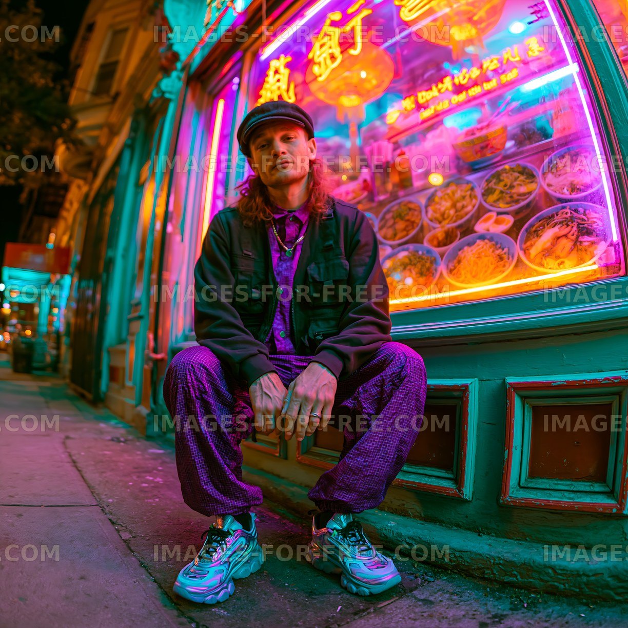 Man sitting outside a restaurant with colorful neon signs at night