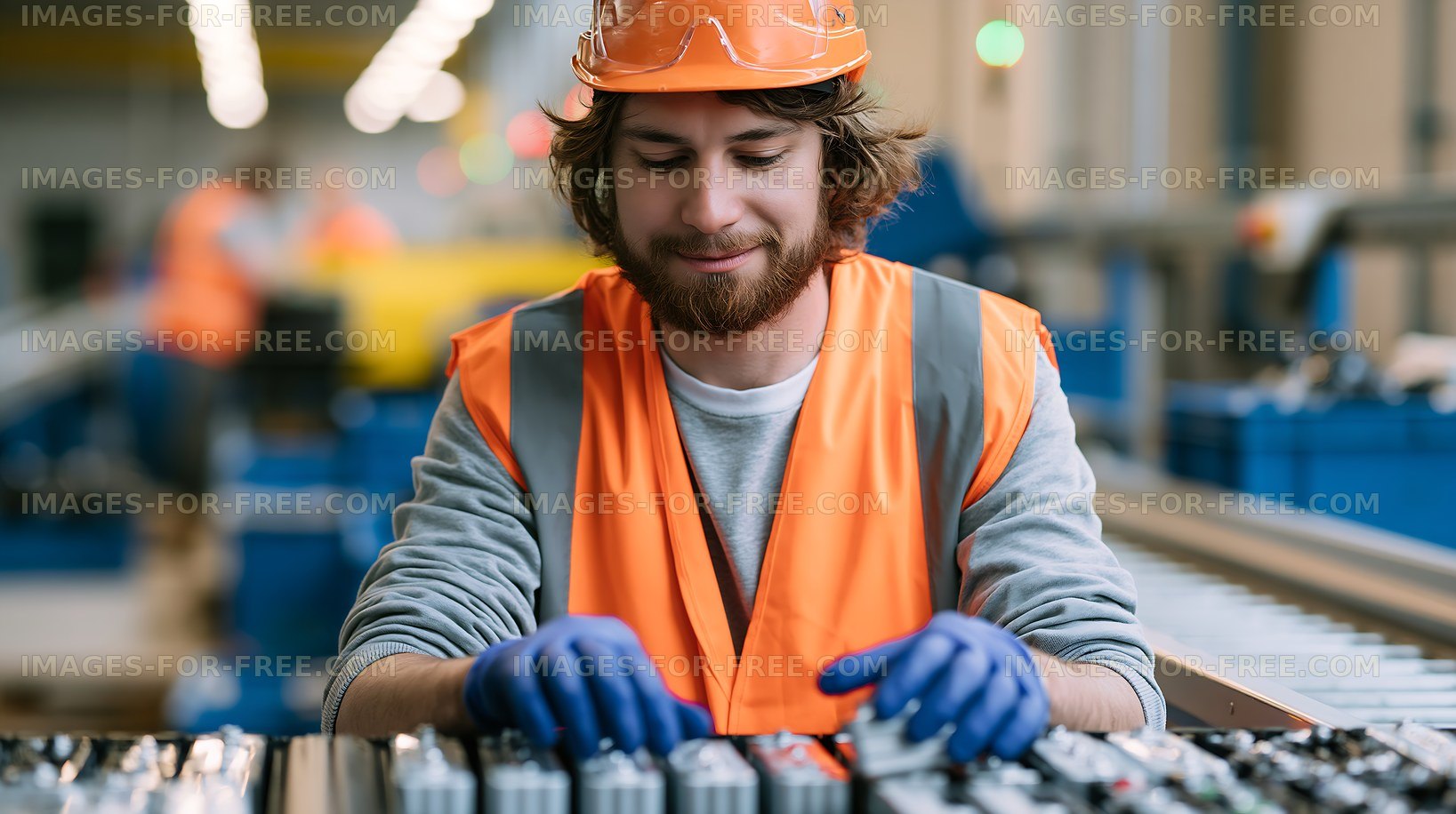 Worker in safety gear assembling components in a factory