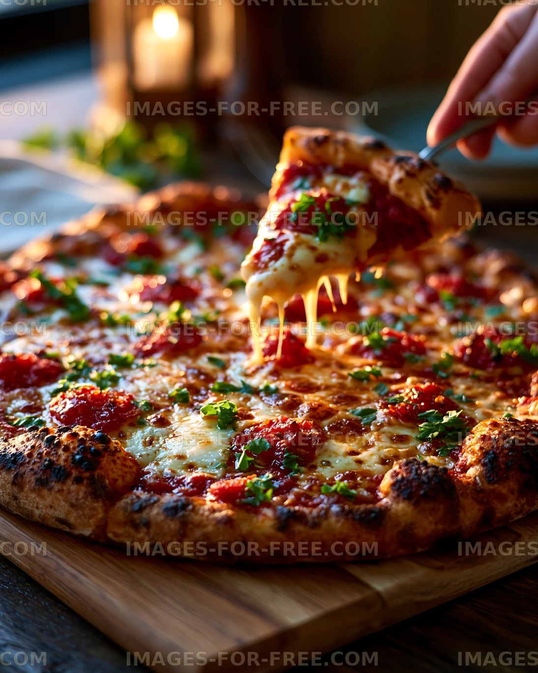 Cheese pizza with tomato sauce and fresh herbs on a wooden table