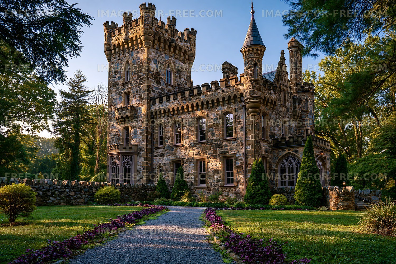 A stone castle stands tall with towers and intricate structures