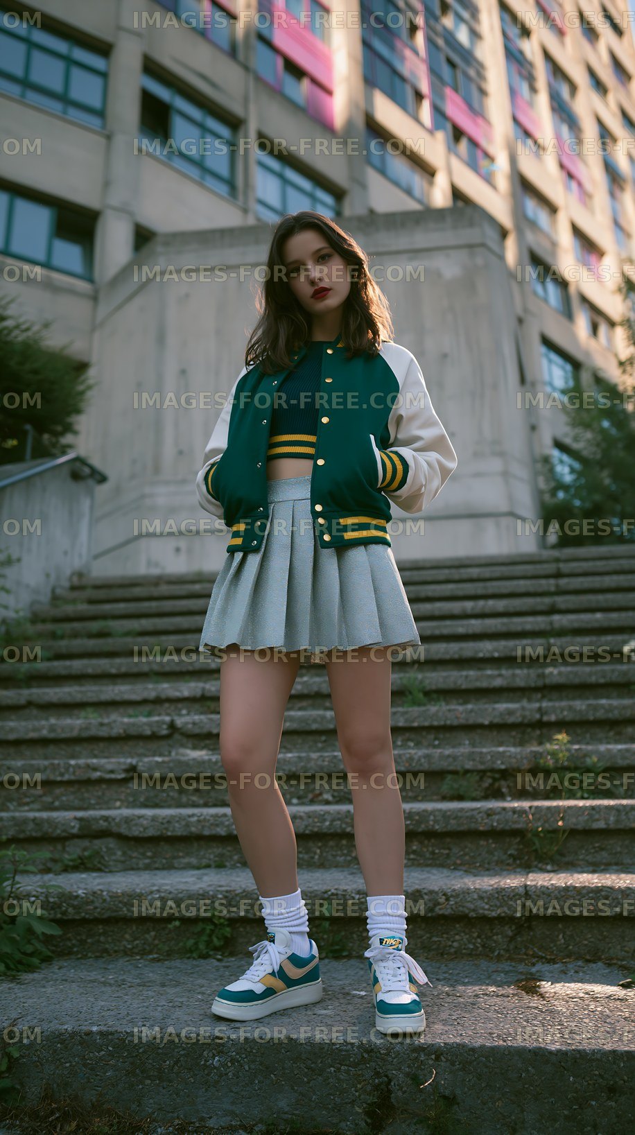 Young woman in a varsity jacket standing on outdoor steps