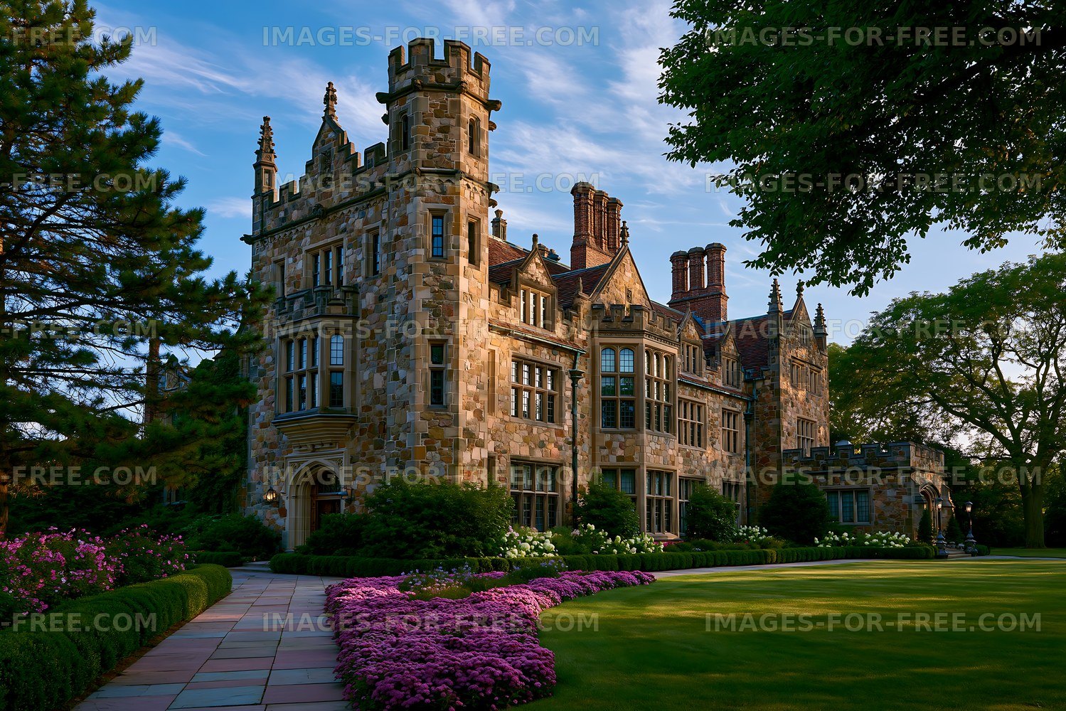 Historic stone mansion with lush garden in bright sunlight