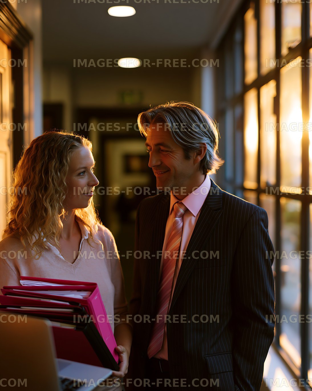 Business meeting with colleagues in office corridor during sunset