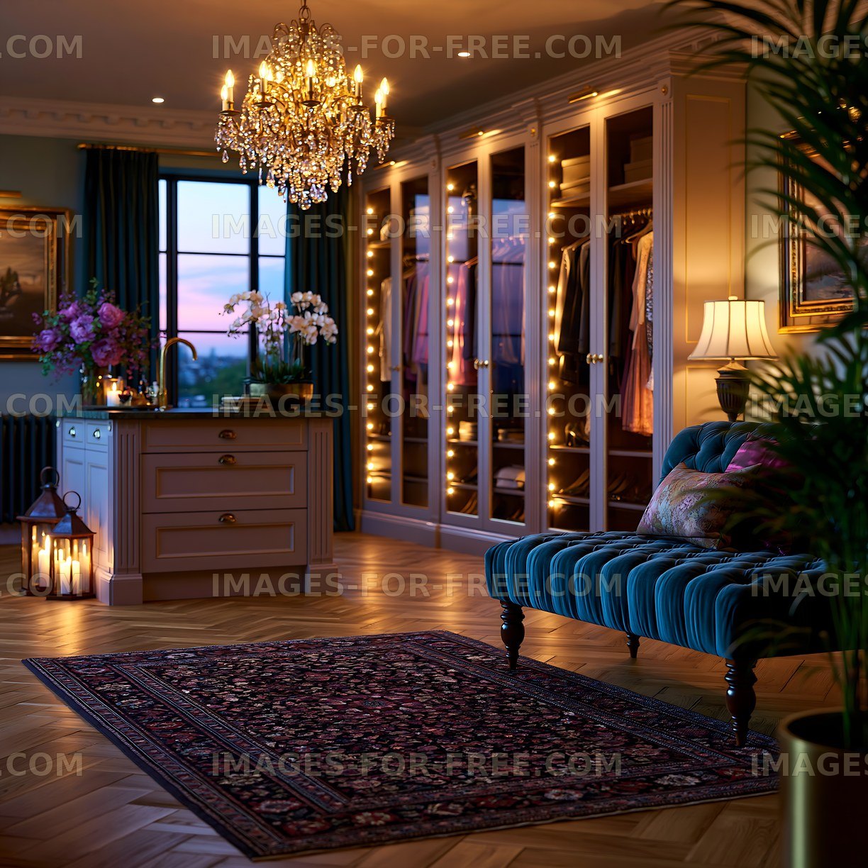 Elegant room with stylish furniture and warm lighting at dusk