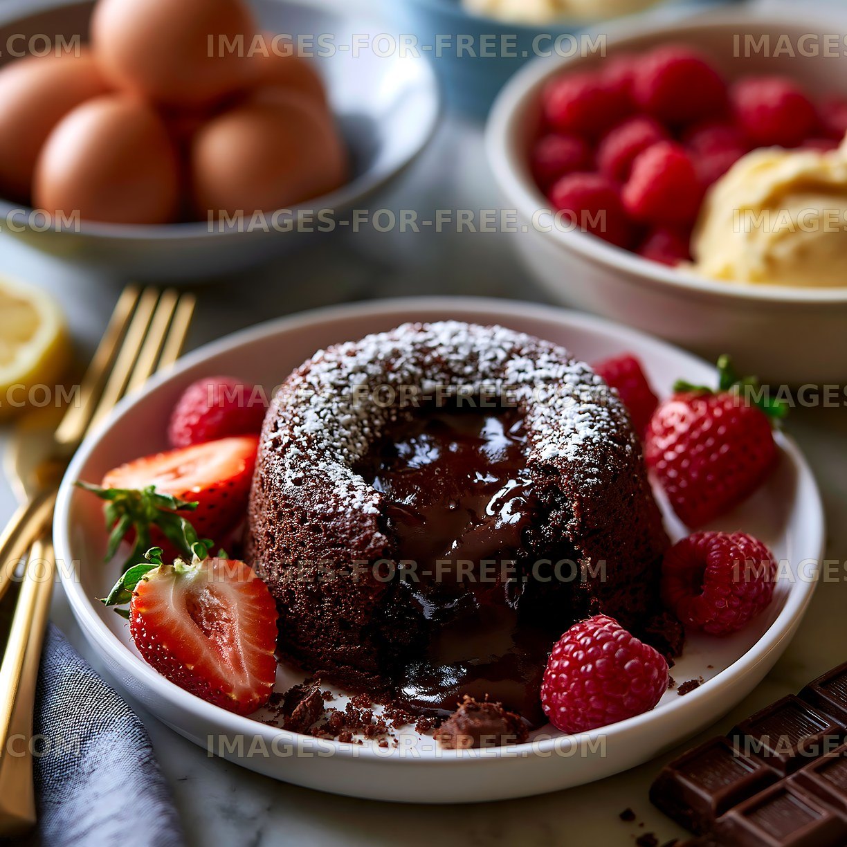 Chocolate lava cake served with strawberries and ice cream