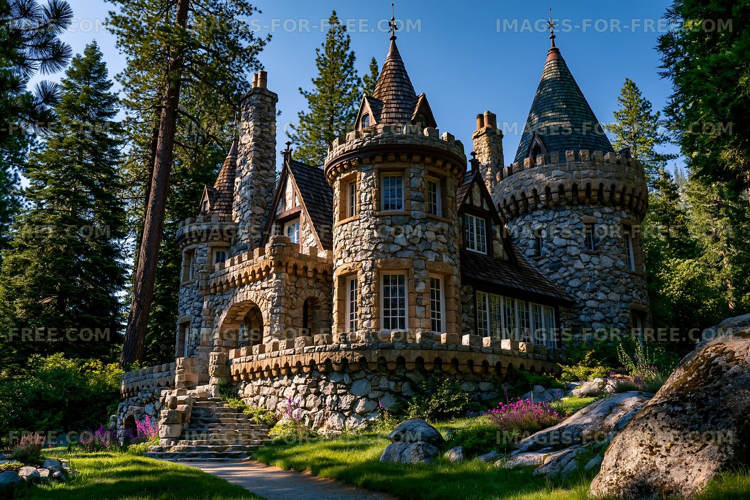 Stone castle with towers surrounded by trees located in a forest