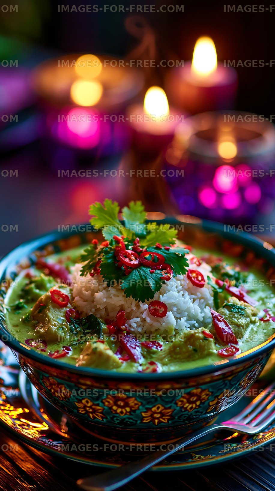 Delicious green curry with rice and fresh herbs on a table