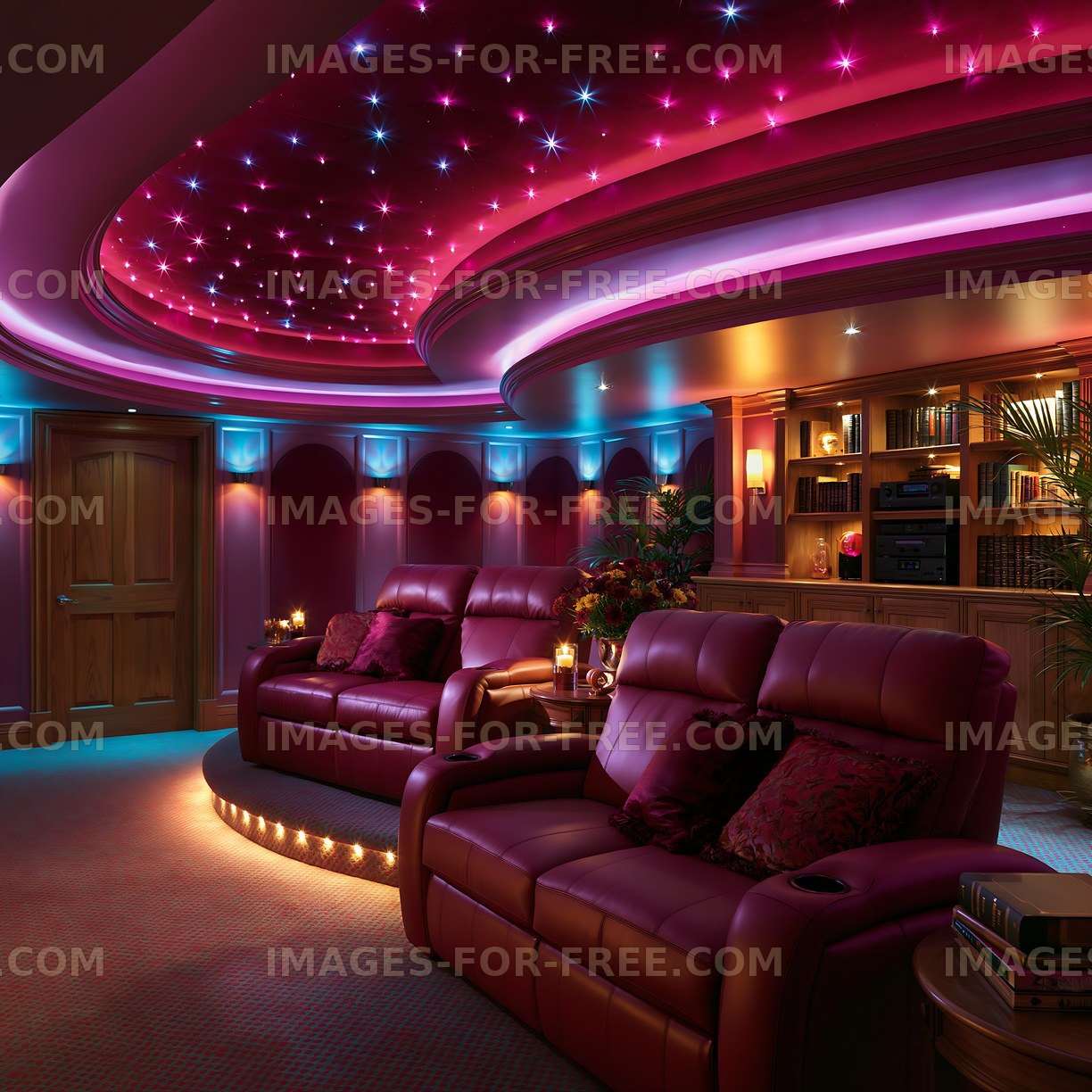 Home theater room with comfortable seating and colorful lighting