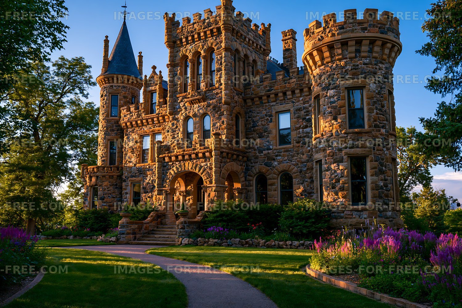 Stone castle with towers and garden during daytime