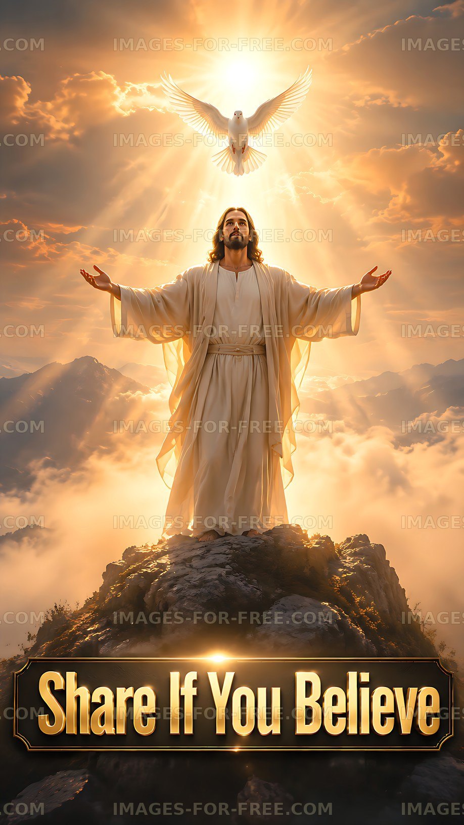 Religious figure with dove standing on mountain, light shining down
