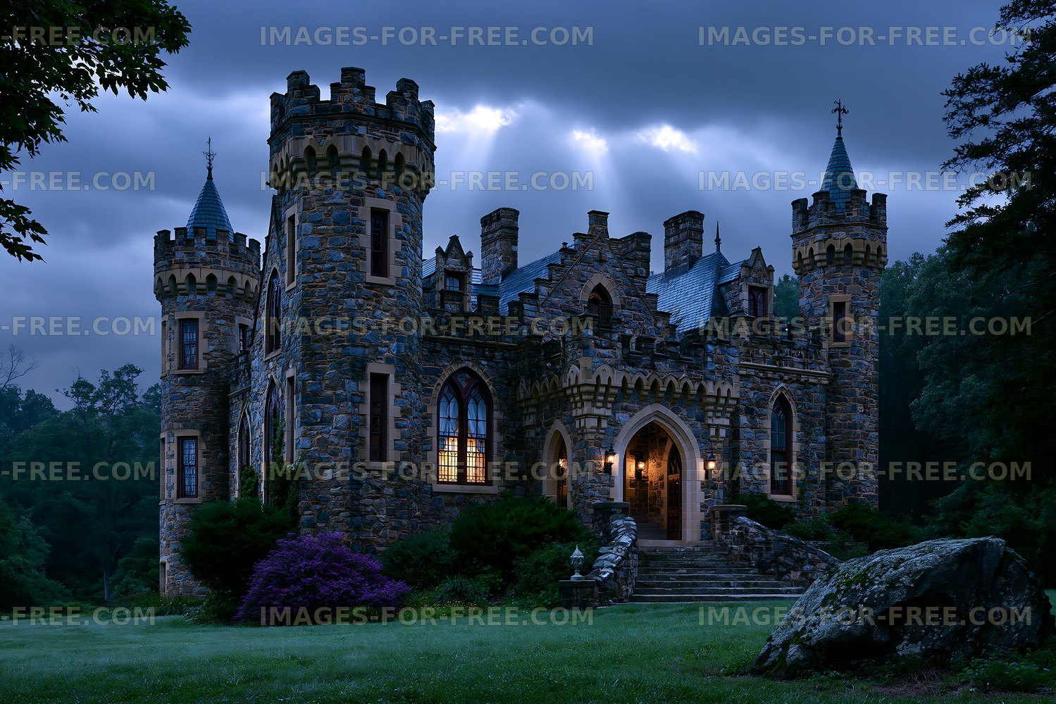 Stone castle under a dark sky with light shining from windows