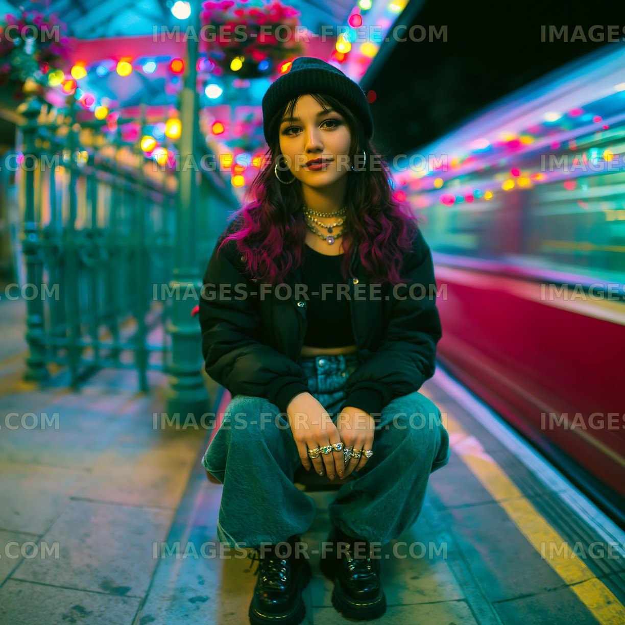 Woman sitting on street at night with lights in background