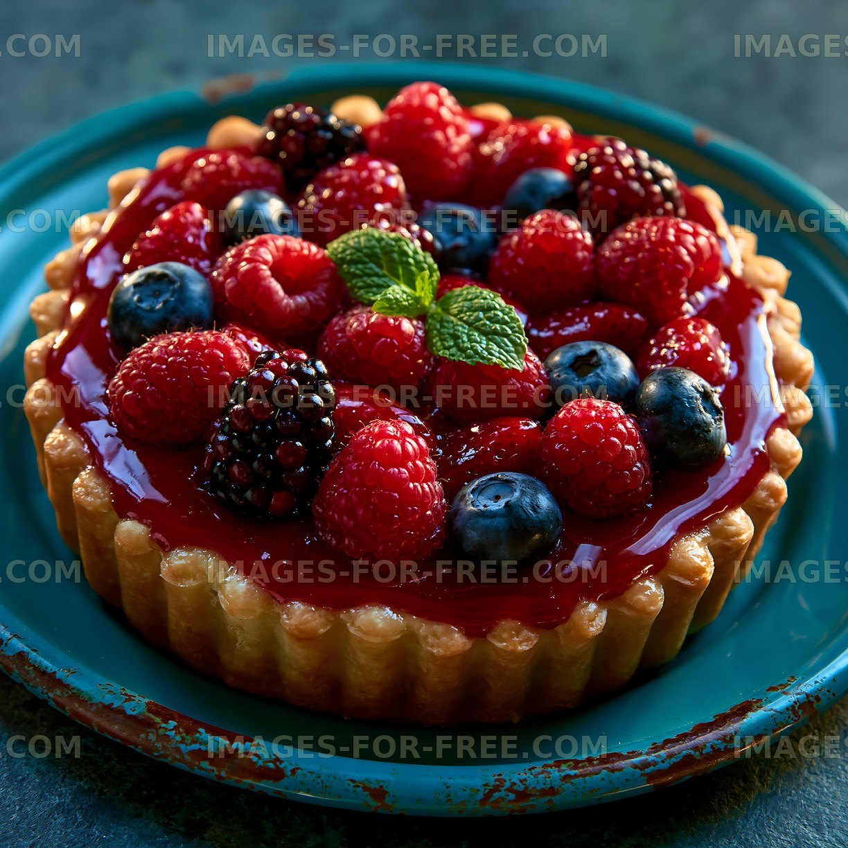 Fruit tart with various berries placed on a blue plate