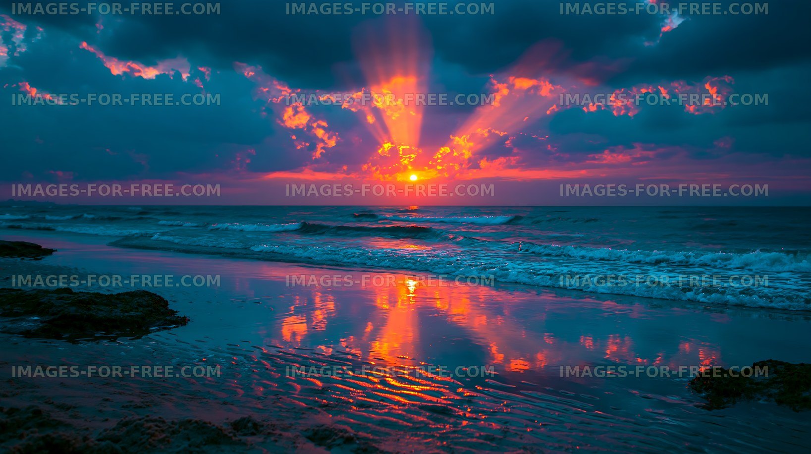 Sunset over the ocean with colorful clouds and reflections on water