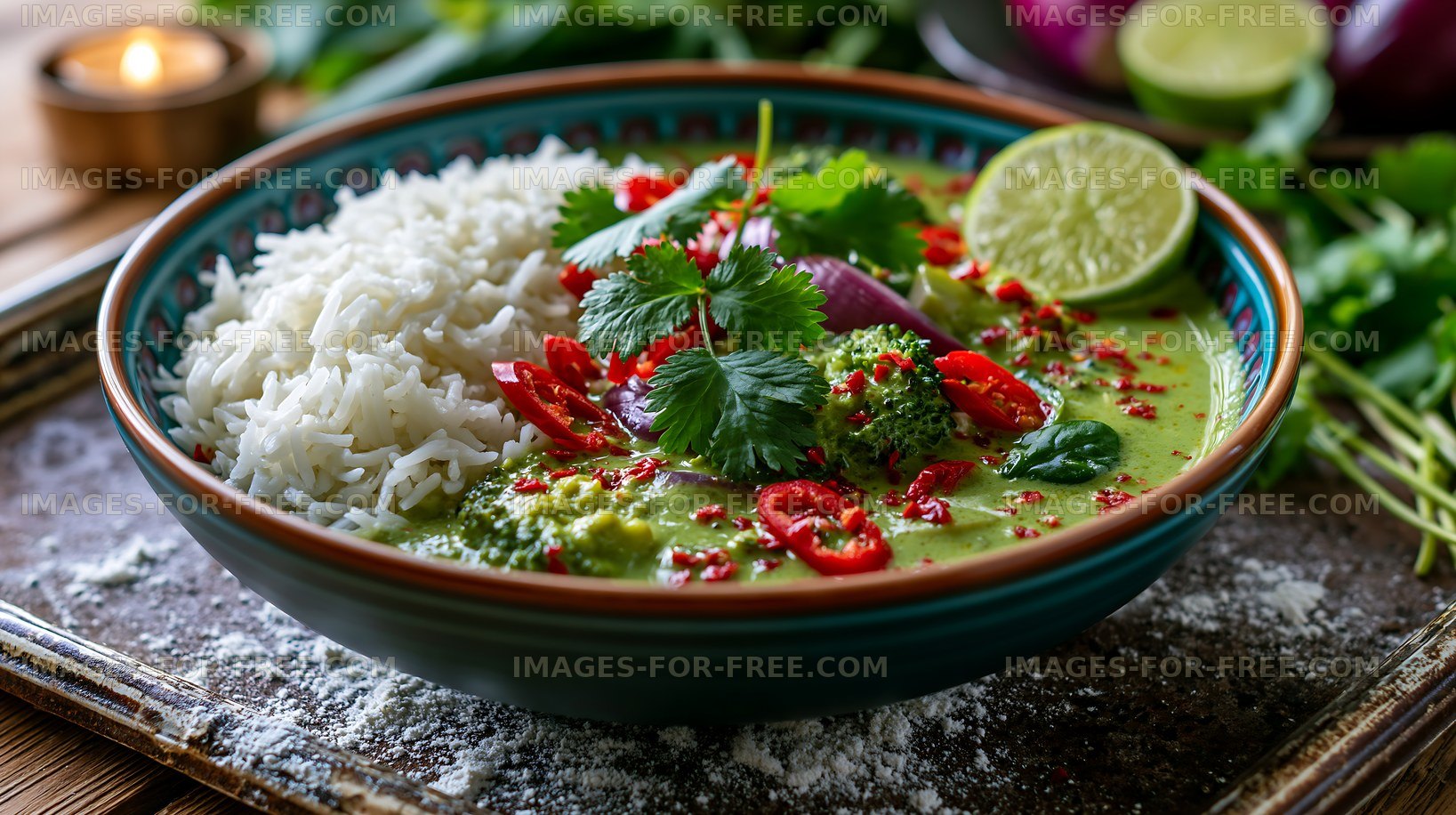 Green curry with rice and fresh herbs served on a rustic table