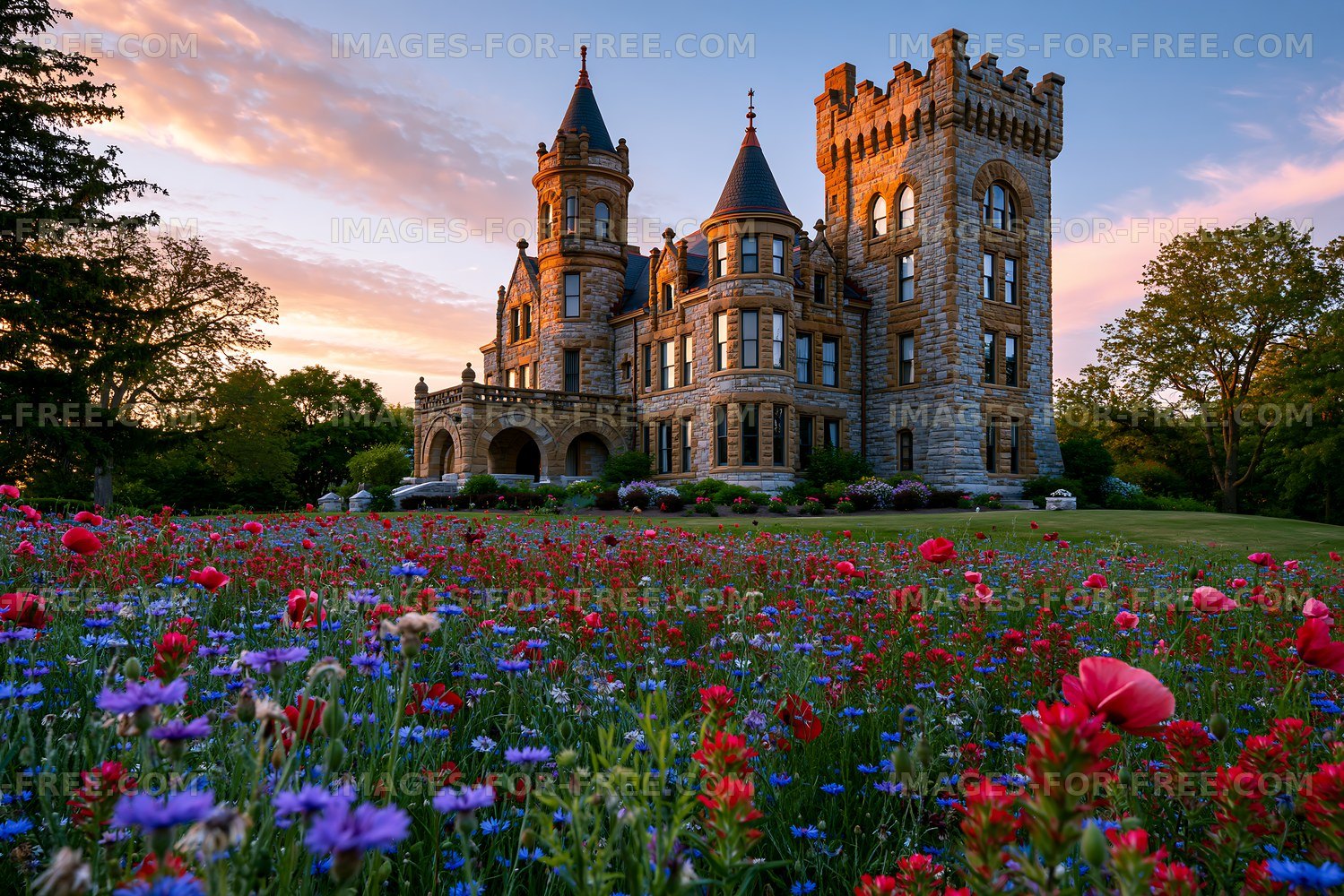 Historic castle surrounded by a colorful flower garden at sunset