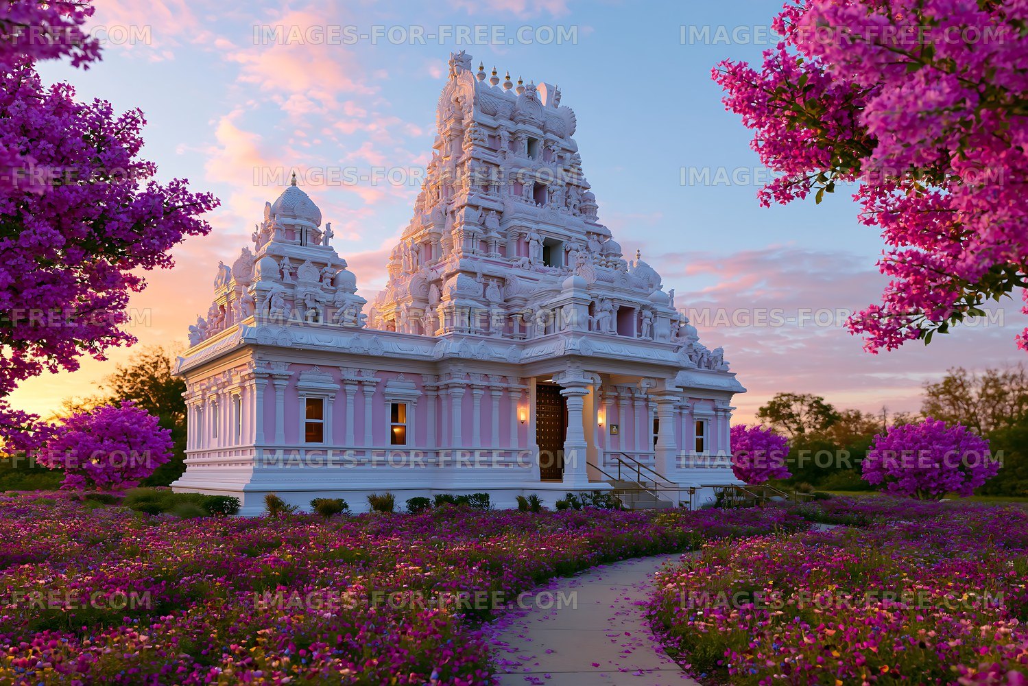 Beautiful temple surrounded by blooming flowers at sunset