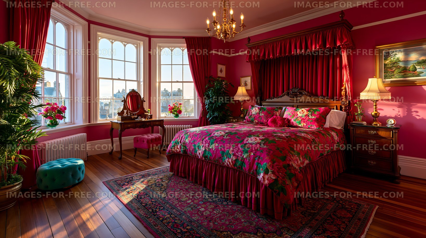 Brightly colored bedroom with floral decor and large windows