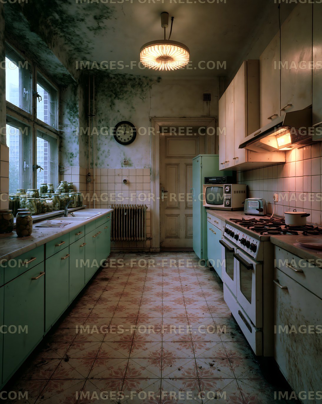 Old kitchen with peeling paint and vintage appliances in disrepair