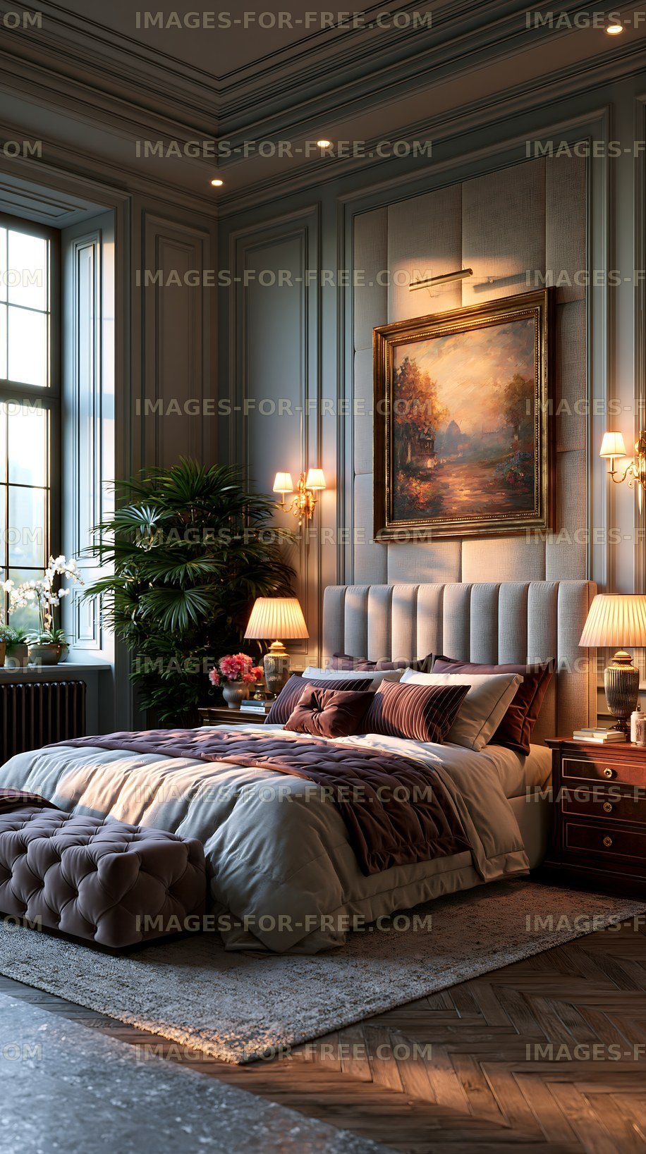 Elegant bedroom with large windows and artwork on the walls