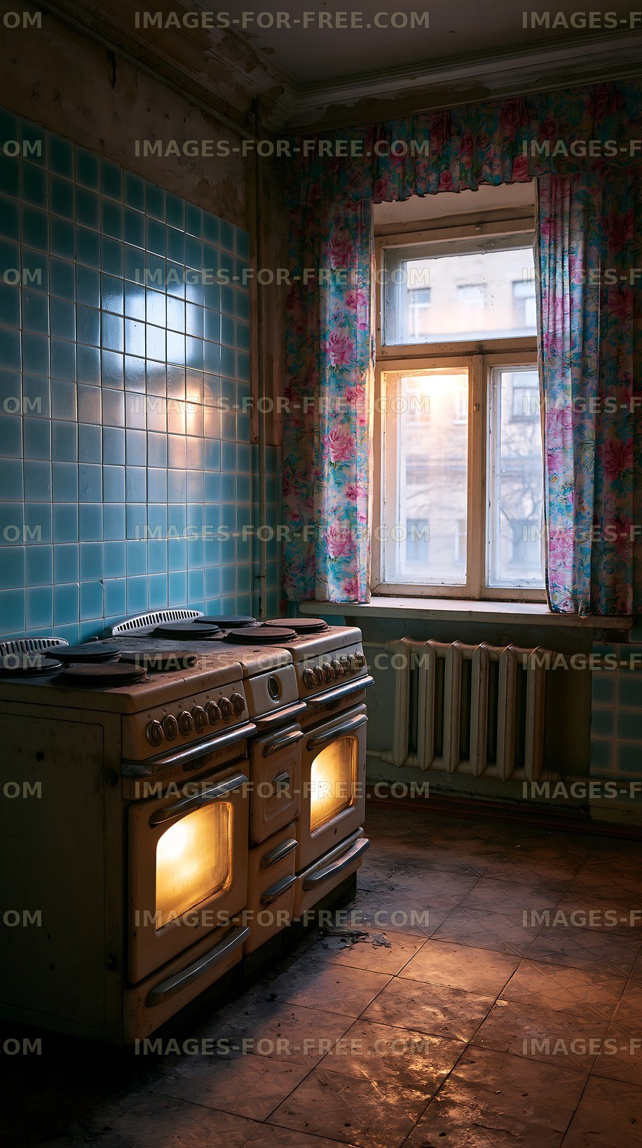 Old kitchen with vintage stove and blue tiled wall