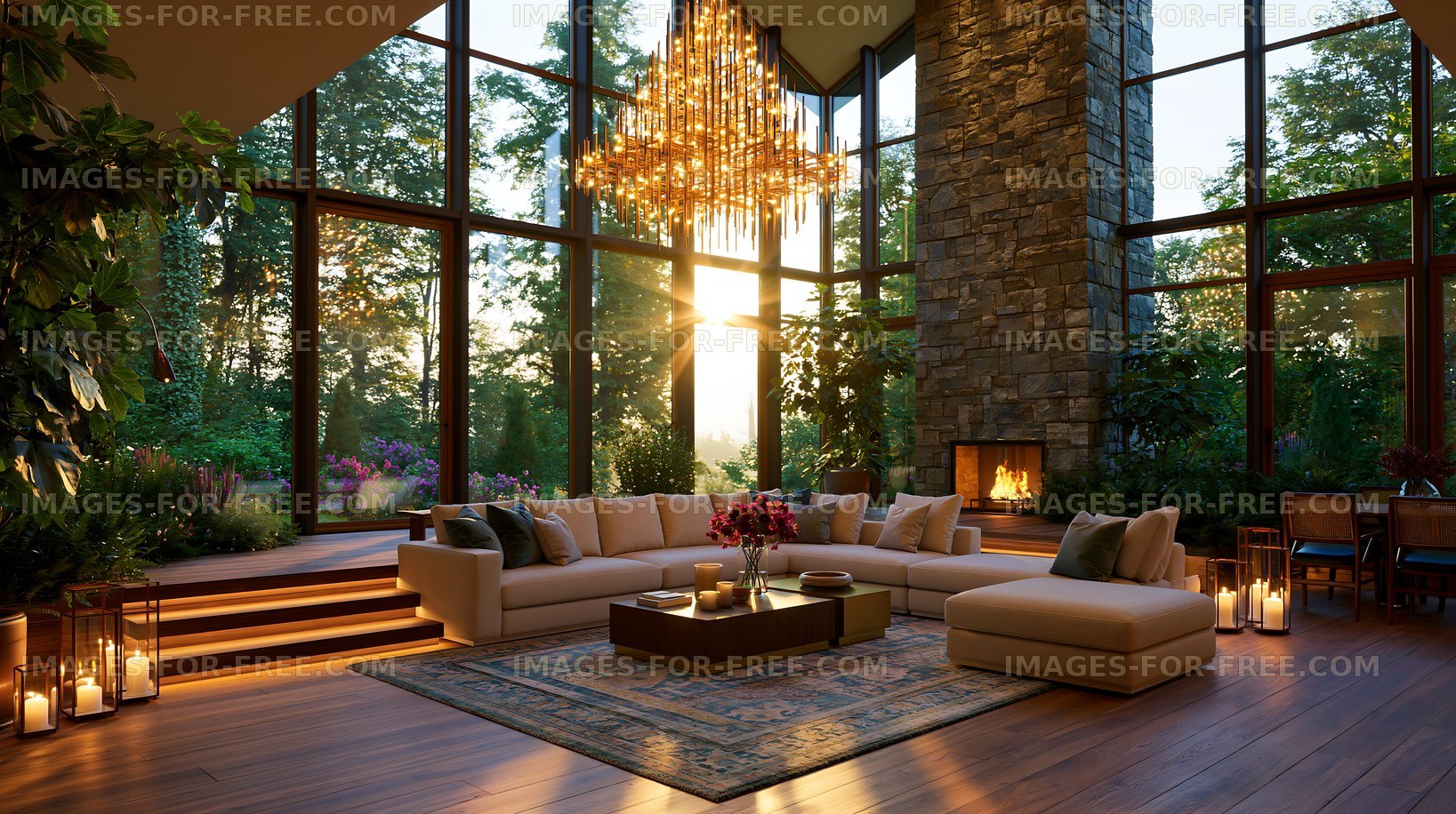 Modern living room with large windows and chandelier