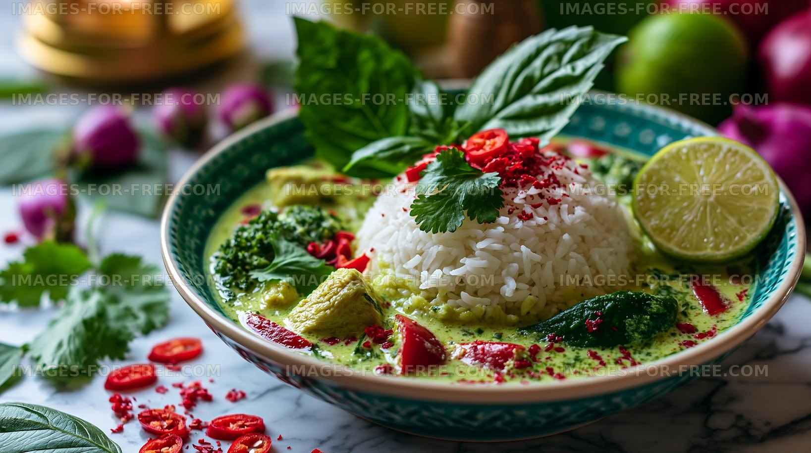Green curry with rice and fresh herbs on a marble table
