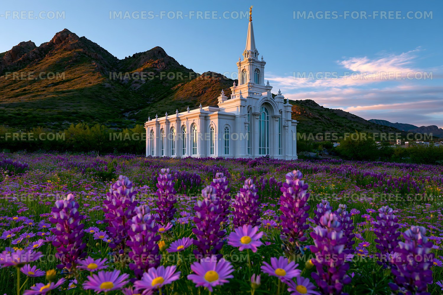Church surrounded by purple flowers and mountains at sunset