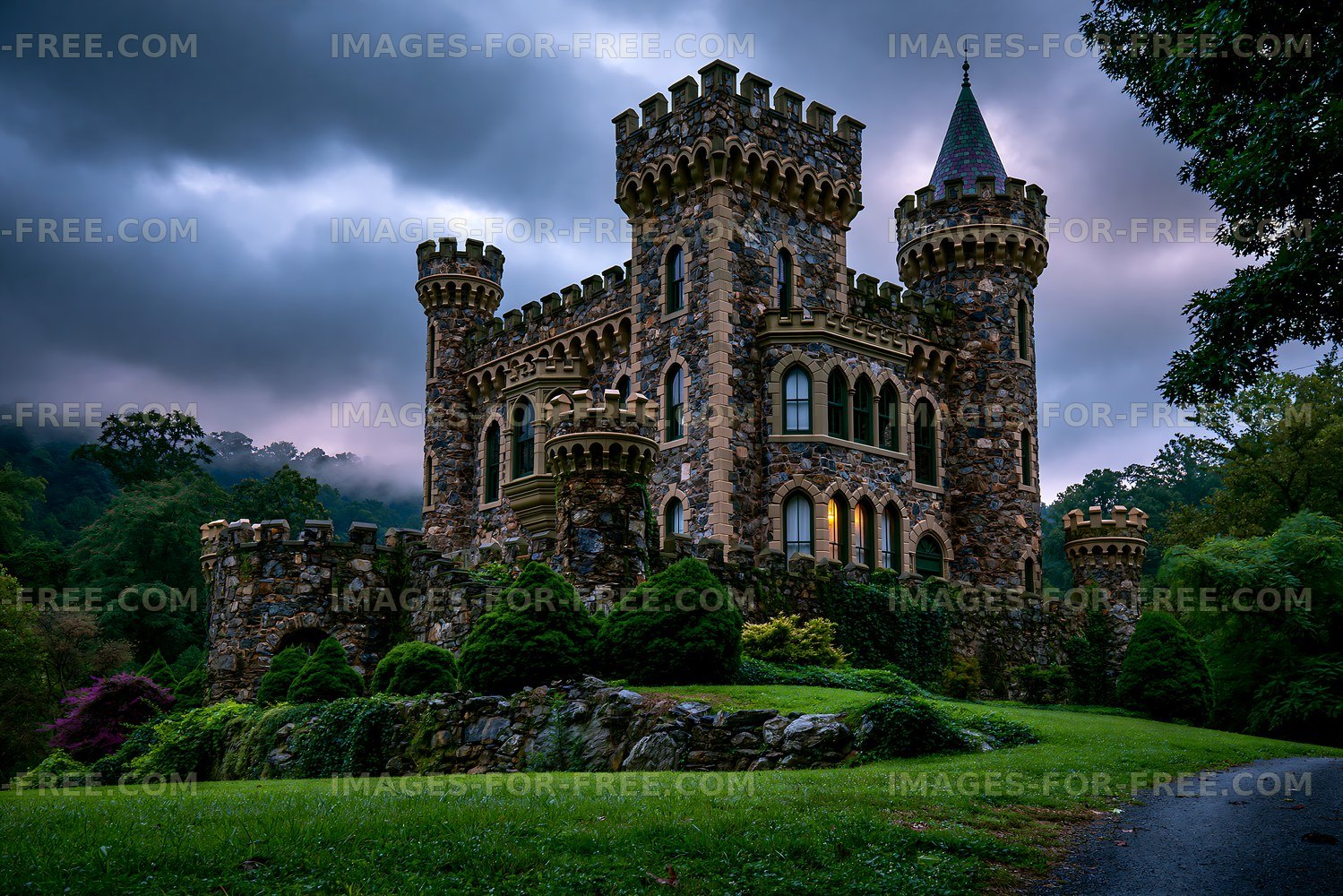 Stone castle with towers under cloudy sky at dusk