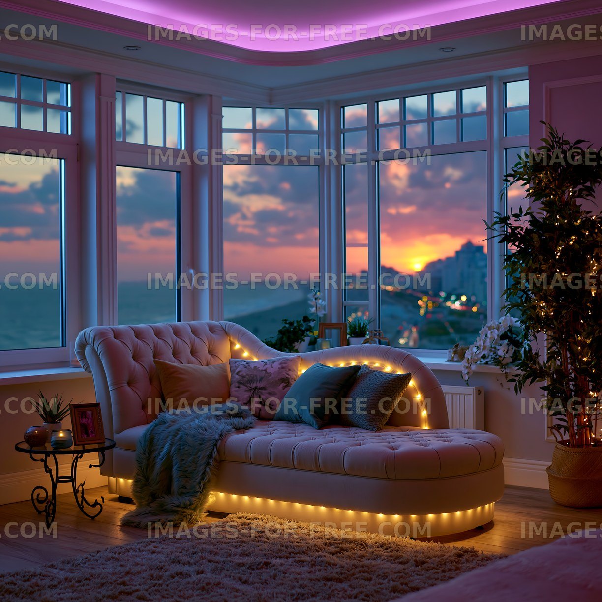 Cozy living room with sunset view and decorative lighting