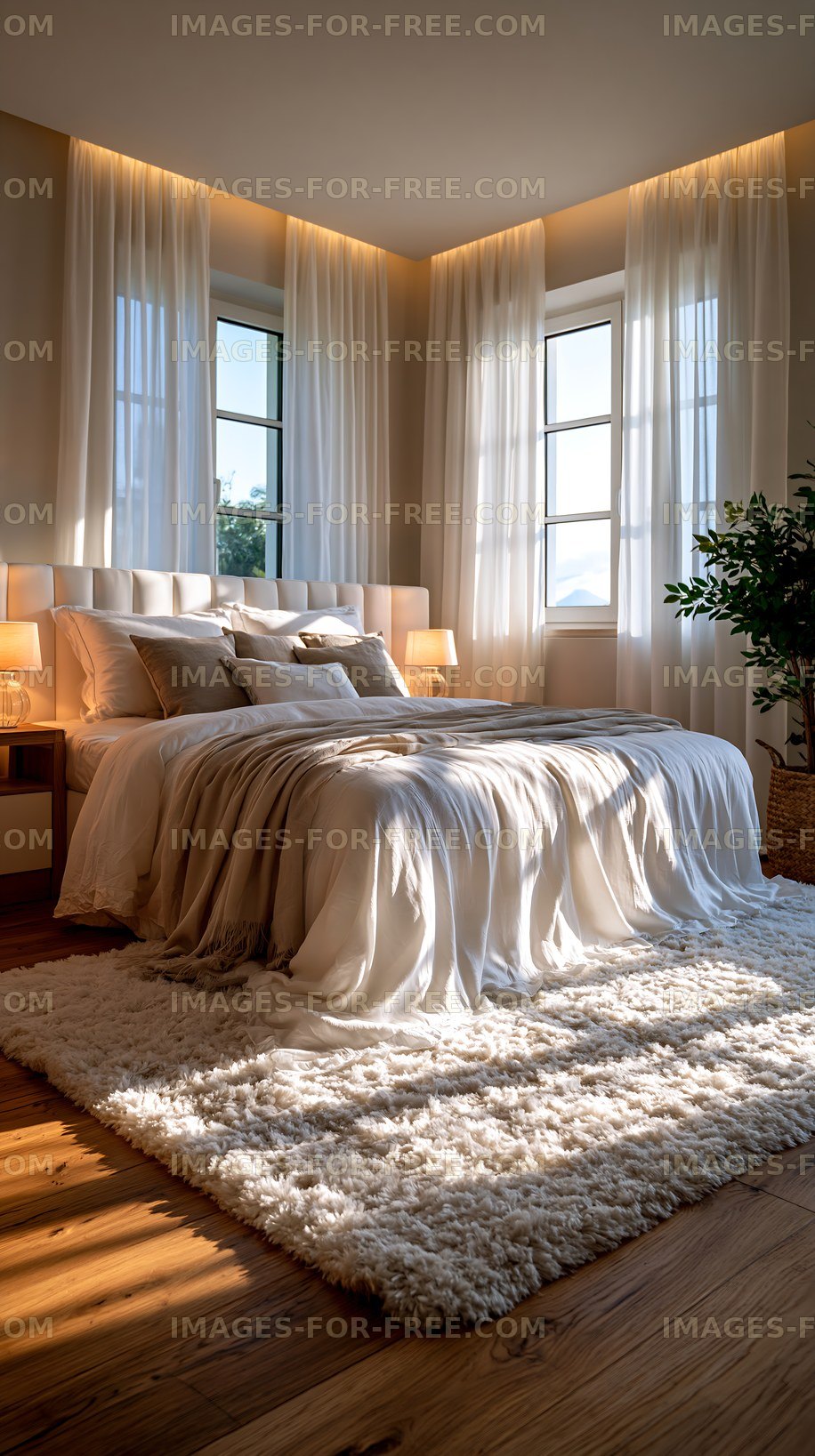 Light-filled bedroom with large windows and soft decor